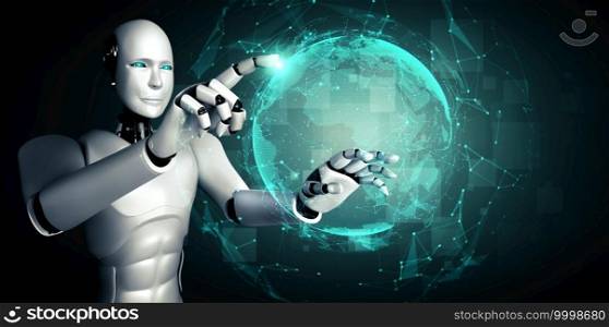 AI humanoid robot touching hologram screen shows concept of global communication network using artificial intelligence thinking by machine learning process. 3D illustration computer graphic.. AI humanoid robot touching hologram screen shows concept of global communication