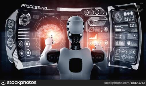 AI humanoid robot touching virtual hologram screen showing concept of big data analytic using artificial intelligence thinking by machine learning process. 3D illustration.. AI humanoid robot touching virtual hologram screen showing concept of big data