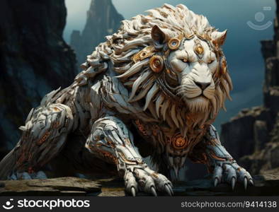 Ai Lion Cyborg in the style of baroque sci-fi. Animal Robot with Mechanical Paw and Metal Body army special force cyborg