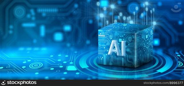 Ai Processor chip of Cube Technology. Big data storage, Cloud computing, Machine learning, Ai blockchain technology. Artificial intelligence learnability Concept.