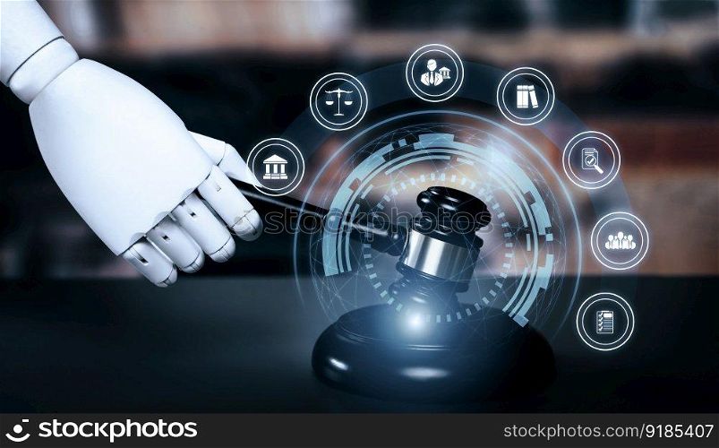 AI related law concept shown by robot hand using lawyer working tools in lawyers office with legal astute icons depicting artificial intelligence law and online technology of legal law regulations. AI related law concept shown by astute robot hand using lawyer working tools