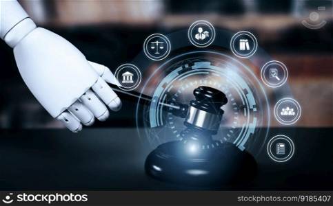 AI related law concept shown by robot hand using lawyer working tools in lawyers office with legal astute icons depicting artificial intelligence law and online technology of legal law regulations. AI related law concept shown by astute robot hand using lawyer working tools