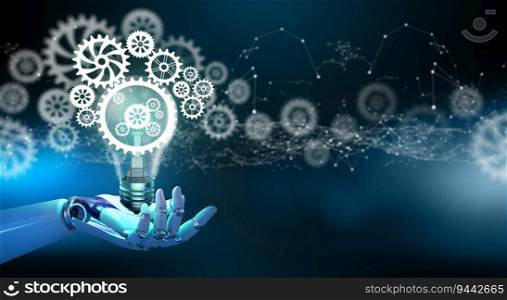 Ai Robot Hand holding Creative light bulb with cog inside. Innovation business idea knowledge, Planing strategy, Analysis solution development, Artificial Intelligence.
