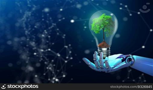 Ai Robot Hand holding growing tree and soil inside the light bulb with technology background. Saving energy ecology and innovative technology concept.