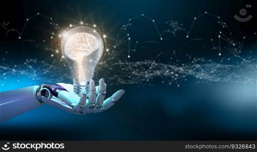 Ai Robot hand holding Light bulbs with Brain inside and Low poly wireframe outside. Creative and innovation inspiration. Business Bright idea with Artificial Intelligence concept.