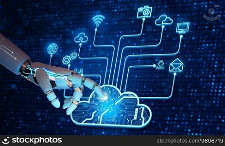 Ai Robot hand pointing Cloud computing technology internet storage network. Data information on cloud to backup storage internet data with Artificial Intelligence Concept. 3D illustration.
