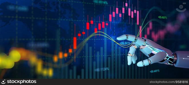 Ai Robot hand touching forex charts and diagrams stock market display on board. Investment and trading on stock market with Artificial Intelligence concept.