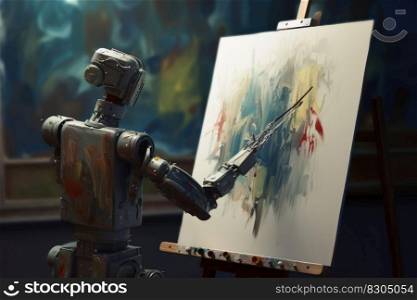 AI robot is painting an artwork created with generative AI technology