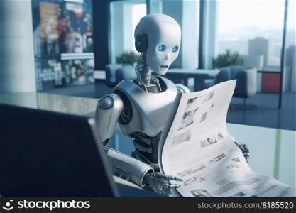 AI Robot reading a newspaper in an office created with generative AI technology