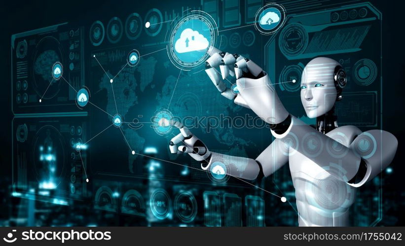 AI robot using cloud computing technology to store data on online server . Futuristic concept of cloud information storage analyzed by machine learning process . 3D rendering illustration .. AI robot using cloud computing technology to store data on online server