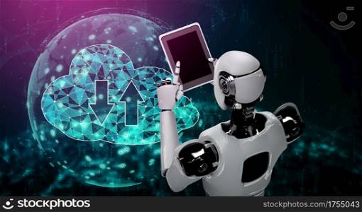 AI robot using cloud computing technology to store data on online server . Futuristic concept of cloud information storage analyzed by machine learning process . 3D rendering illustration .. AI robot using cloud computing technology to store data on online server
