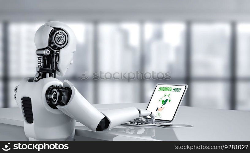 AI robot using computer modish software application. Artificial intelligence concept.. Green business transformation for modish corporate business