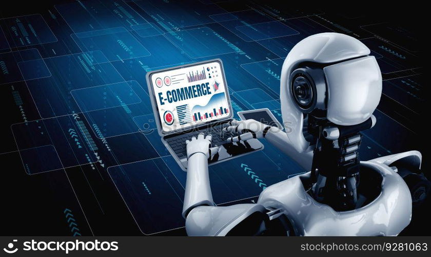 AI robot using computer modish software application. Artificial intelligence concept.. E-commerce data software provide modish dashboard for sale analysis