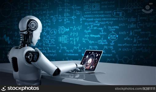 AI robot using computer modish software application. Artificial intelligence concept.. Cloud computing software for modish remote work