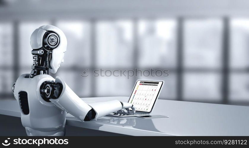 AI robot using computer modish software application. Artificial intelligence concept.. Calendar on computer software application for modish schedule planning