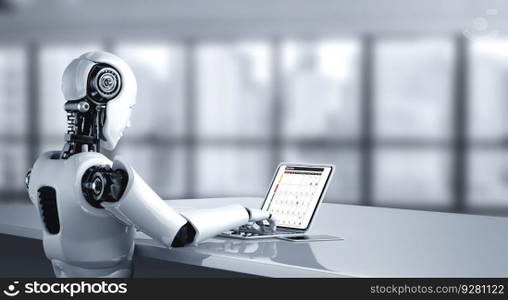 AI robot using computer modish software application. Artificial intelligence concept.. Calendar on computer software application for modish schedule planning