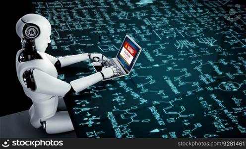 AI robot using computer modish software application. Artificial intelligence concept.. Virus warning alert on computer screen detected modish cyber threat