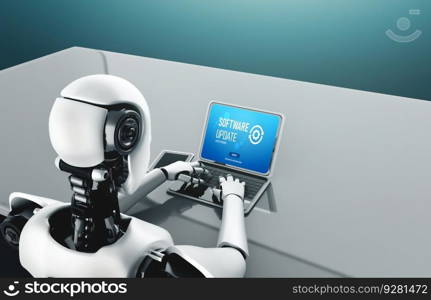 AI robot using computer modish software application. Artificial intelligence concept.. Software update on computer for modish version of device software