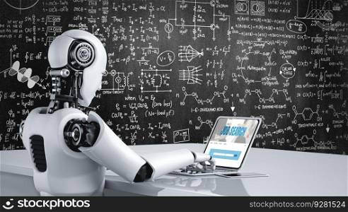 AI robot using computer modish software application. Artificial intelligence concept.. Online job search on modish website for worker to search for job opportunities