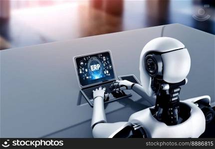 AI robot using computer software showing artificial intelligence technology. 3D illustration.. ERP enterprise resource planning software for modish business