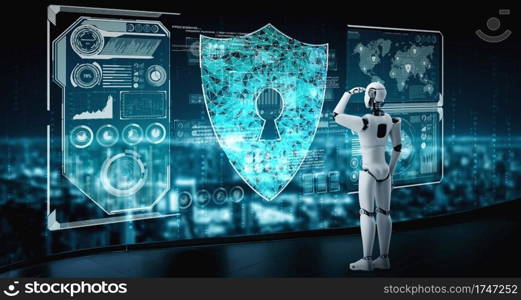 AI robot using cyber security to protect information privacy . Futuristic concept of cybercrime prevention by artificial intelligence and machine learning process . 3D rendering illustration .. AI robot using cyber security to protect information privacy