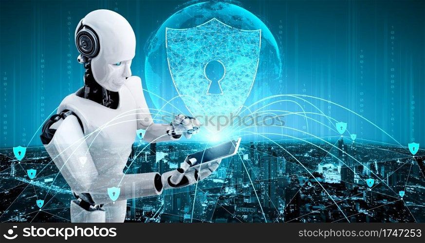 AI robot using cyber security to protect information privacy . Futuristic concept of cybercrime prevention by artificial intelligence and machine learning process . 3D rendering illustration .. AI robot using cyber security to protect information privacy