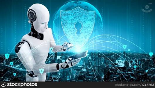 AI robot using cyber security to protect information privacy . Futuristic concept of cybercrime prevention by artificial intelligence and machine learning process . 3D rendering illustration .. AI robot using cyber security to protect information privacy