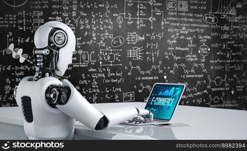 AI robot using modish computer software appliation. E-commerce data software provide modish dashboard for sale analysis