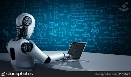 AI robot using modish software on a computer. Software development programming on computer screen for modish application