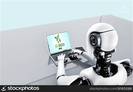 AI robot using modish software on a computer. Green business transformation for modish corporate business
