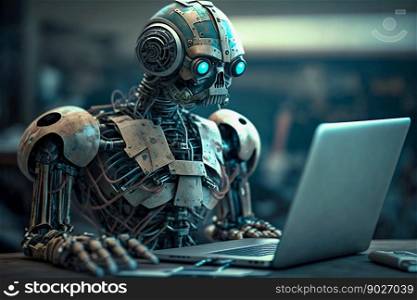Ai robot working on laptop. Generative AI. High quality illustration. Ai robot working on laptop. Generative AI