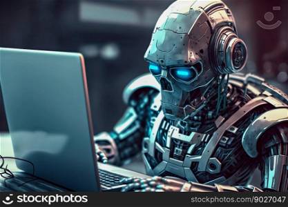 Ai robot working on laptop. Generative AI. High quality illustration. Ai robot working on laptop. Generative AI