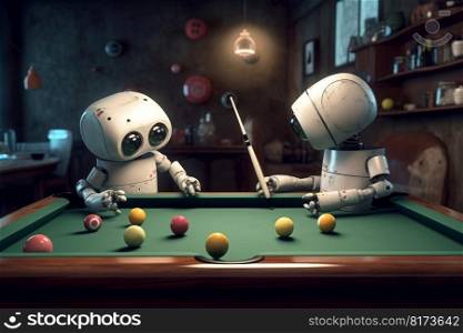 Ai robots play pool. Snooker sport. Generate Ai. Ai robots play pool. Generate Ai