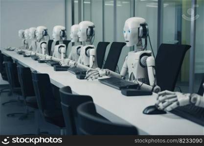AI robots sitting at work in the open-plan office of a call centre created with generative AI technology