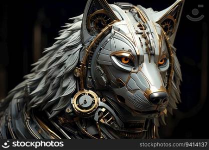 Ai Wolf Cyborg in the style of baroque sci-fi. Animal Robot with Mechanical Paw and Metal Body army special force cyborg