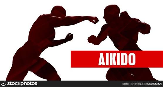 Aikido Class with Silhouette of Two Men Fighting. Aikido