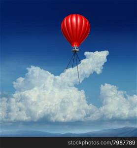 Aim high business success concept as a red hot air balloon lifting up a cumulus cloud shaped as an arrow metaphor for acheivemrent planning andstrategy.