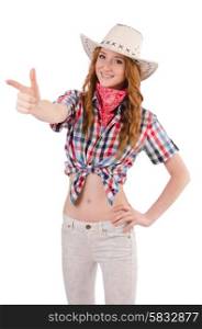 Aiming redhead cowgirl isolated on white