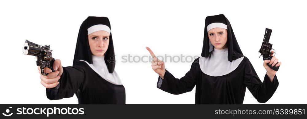 Aiming young nun with gun isolated on white