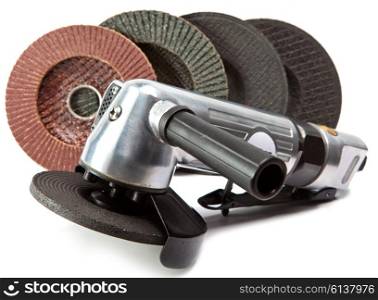 air angle grinder and different grinding wheels on white background