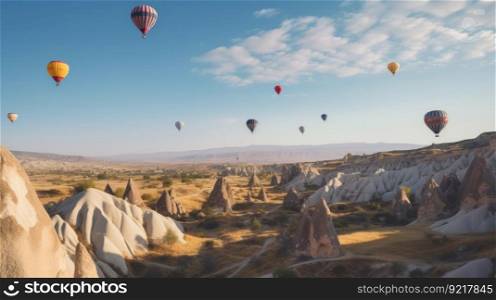 Air balloons on mountain. Illustration Generative AI
