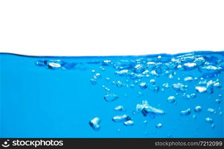Air bubbles rising up to surface in blue pure water. Abstract background.