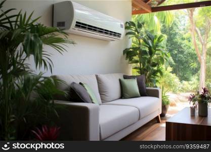 Air conditioner and in the living room. Cooling down on a hot day. Generative AI