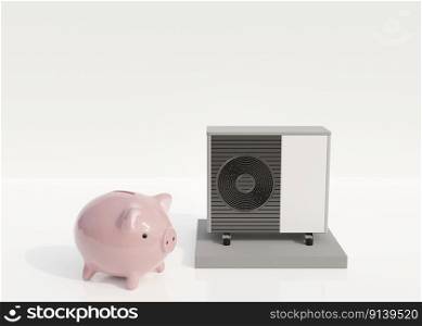 Air heat pump and piggy bank on white background. Modern, environmentally friendly heating. Save your money with air source heat pump. Free, copy space for your text, advertising. 3d render. Air heat pump and piggy bank on white background. Modern, environmentally friendly heating. Save your money with air source heat pump. Free, copy space for your text, advertising. 3d render.
