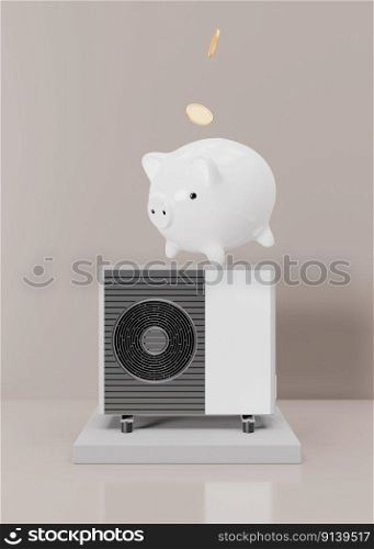 Air heat pump and piggy bank with falling coins on beige background. Modern, environmentally friendly heating. Save your money with air source heat pump. Vertical format. 3d rendering. Air heat pump and piggy bank with falling coins on beige background. Modern, environmentally friendly heating. Save your money with air source heat pump. Vertical format. 3d rendering.