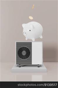 Air heat pump and piggy bank with falling coins on beige background. Modern, environmentally friendly heating. Save your money with air source heat pump. Vertical format. 3d rendering. Air heat pump and piggy bank with falling coins on beige background. Modern, environmentally friendly heating. Save your money with air source heat pump. Vertical format. 3d rendering.