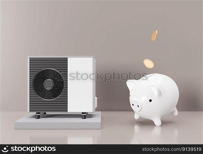 Air heat pump and piggy bank with falling coins on beige background. Modern, environmentally friendly heating. Save your money with air source heat pump. Copy space for text, advertising. 3d render. Air heat pump and piggy bank with falling coins on beige background. Modern, environmentally friendly heating. Save your money with air source heat pump. Copy space for text, advertising. 3d render.
