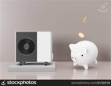 Air heat pump and piggy bank with falling coins on beige background. Modern, environmentally friendly heating. Save your money with air source heat pump. Copy space for text, advertising. 3d render. Air heat pump and piggy bank with falling coins on beige background. Modern, environmentally friendly heating. Save your money with air source heat pump. Copy space for text, advertising. 3d render.