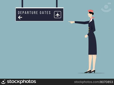 Air hostess indicates departure gate sign board.