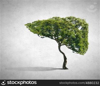 Air pollution. Conceptual image of green tree shaped like human liver